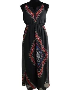 Old Navy Black Maxi Dress with Colorful Geometric Embroidery